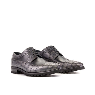Ambrogio Bespoke Black & Gray Crocodile Embossed / Leather Wingtip Derby Oxfords(AMB2271)