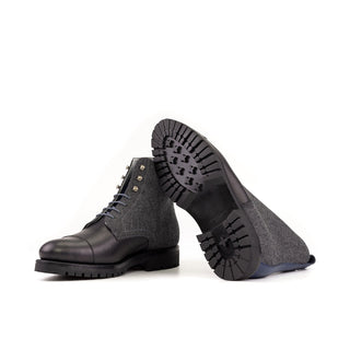 Ambrogio Bespoke Black & Gray Flannel Fabric / Full Grain Leather Jumper Boots (AMB2410)