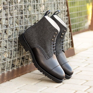 Ambrogio Bespoke Black & Gray Flannel Fabric / Full Grain Leather Jumper Boots (AMB2410)