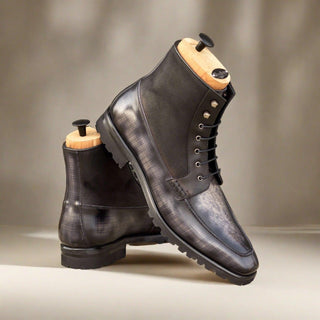 Ambrogio Bespoke Black & Gray Patina / Leather Moccasin Boots (AMB2445)