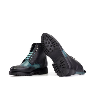 Ambrogio Bespoke Black & Turquoise Full Grain / Patina Leather Military Wingtip Boots (AMB2504)