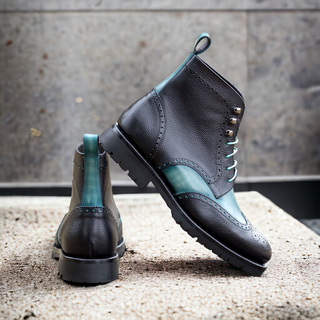 Ambrogio Bespoke Black & Turquoise Full Grain / Patina Leather Military Wingtip Boots (AMB2504)