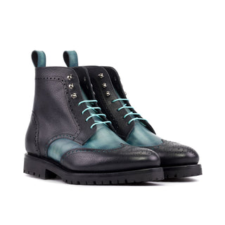 Ambrogio Bespoke Black & Turquoise Full Grain / Patina Leather Military Wingtip Boots (AMB2504)