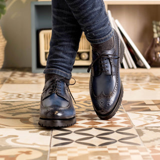Ambrogio Bespoke Blue Leather Long wingtip Derby Oxfords (AMB2384)