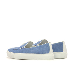 Ambrogio Bespoke Blue Linen Fabric Slip-On Belgian Sneakers (AMB2551)
