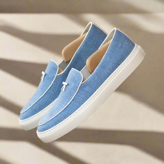 Ambrogio Bespoke Blue Linen Fabric Slip-On Belgian Sneakers (AMB2551)
