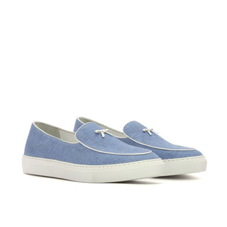 Ambrogio Bespoke Blue Linen Fabric Slip-On Belgian Sneakers (AMB2551)