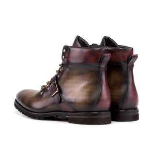 Ambrogio Bespoke Brown & Burgundy Patina Leather Hiking Boots (AMB2492)