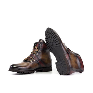 Ambrogio Bespoke Brown & Burgundy Patina Leather Hiking Boots (AMB2492)