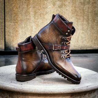 Ambrogio Bespoke Brown & Burgundy Patina Leather Hiking Boots (AMB2492)