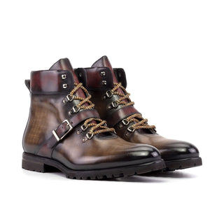 Ambrogio Bespoke Brown & Burgundy Patina Leather Hiking Boots (AMB2492)