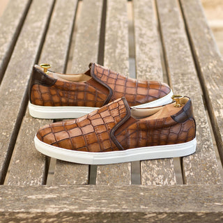 Ambrogio Bespoke Brown Crocodile Embossed Leather Slip-On Sneakers (AMB2274)
