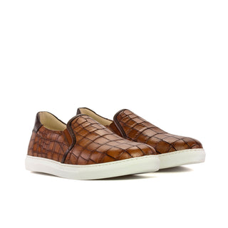 Ambrogio Bespoke Brown Crocodile Embossed Leather Slip-On Sneakers (AMB2274)