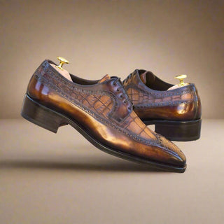 Ambrogio Bespoke Brown & Fire Crocodile Embossed / Patina Leather Longwing Blucher Oxfords (AMB2241)