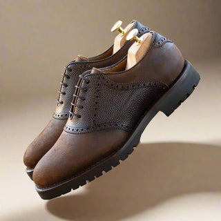 Ambrogio Bespoke Brown Waxed Suede / Pebble Grain Leather Saddle Oxfords (AMB2557)
