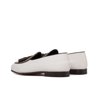 Ambrogio Bespoke Brown & White Leather / Fabric Tassels Belgian Slipper (AMB2283)