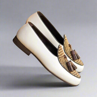 Ambrogio Bespoke Brown & White Leather / Fabric Tassels Belgian Slipper (AMB2283)