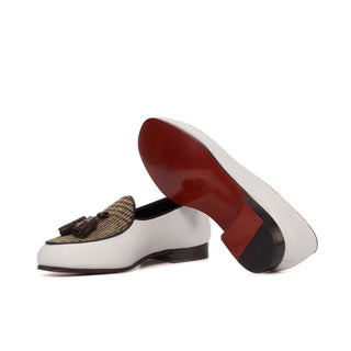 Ambrogio Bespoke Brown & White Leather / Fabric Tassels Belgian Slipper (AMB2283)
