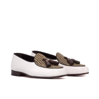Ambrogio Bespoke Brown & White Leather / Fabric Tassels Belgian Slipper (AMB2283)