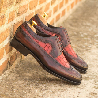 Ambrogio Bespoke Burgundy & Red Crocodile Embossed / Patina Leather Longwing Blucher Oxfords (AMB2243)