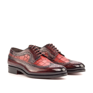 Ambrogio Bespoke Burgundy & Red Crocodile Embossed / Patina Leather Longwing Blucher Oxfords (AMB2243)