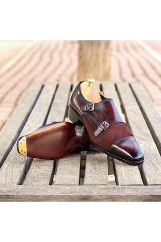 Ambrogio Bespoke Burgundy Suede / Patina Leather Monk-Straps Loafers (AMB2418) rererfgfg