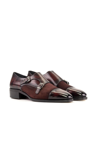 Ambrogio Bespoke Burgundy Suede / Patina Leather Monk-Straps Loafers (AMB2418) rererfgfg
