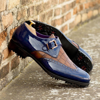 Ambrogio Bespoke Cobalt Blue & Brown Crocodile Embossed / Patent Monk-Strap Golf Loafers (AMB2267)