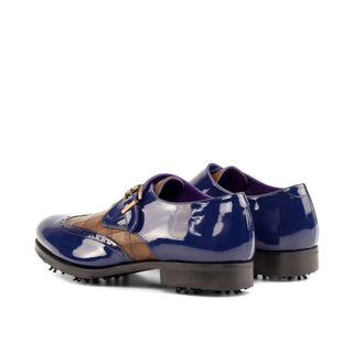 Ambrogio Bespoke Cobalt Blue & Brown Crocodile Embossed / Patent Monk-Strap Golf Loafers (AMB2267)