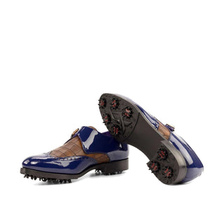 Ambrogio Bespoke Cobalt Blue & Brown Crocodile Embossed / Patent Monk-Strap Golf Loafers (AMB2267)