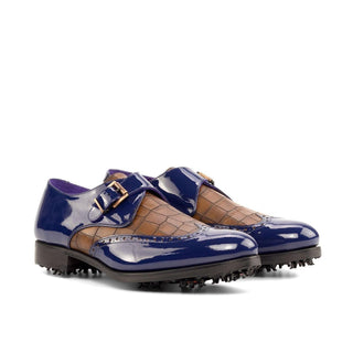 Ambrogio Bespoke Cobalt Blue & Brown Crocodile Embossed / Patent Monk-Strap Golf Loafers (AMB2267)