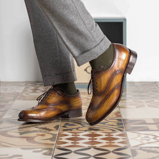Ambrogio Bespoke Cognac Patina Leather Wingtip Oxfords (AMB2436)