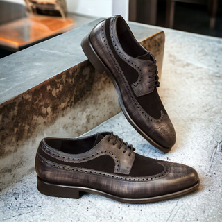 Ambrogio Bespoke Custom Black & Gray Suede / Patina Leather Wintip Oxfords (AMB1987)
