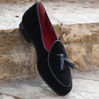 Ambrogio Bespoke Custom Black Velvet Tassels Loafers (AMB1975)