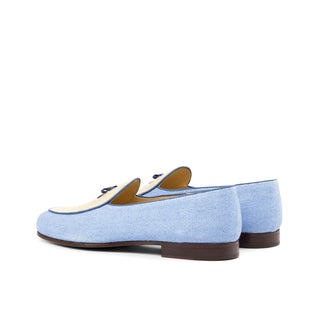 Ambrogio Bespoke Custom Blue & Beige Linen Fabric Belgian Loafers (AMB2191)