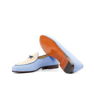 Ambrogio Bespoke Custom Blue & Beige Linen Fabric Belgian Loafers (AMB2191)