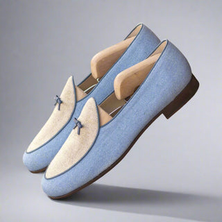 Ambrogio Bespoke Custom Blue & Beige Linen Fabric Belgian Loafers (AMB2191)