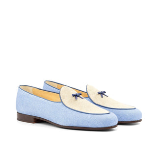 Ambrogio Bespoke Custom Blue & Beige Linen Fabric Belgian Loafers (AMB2191)