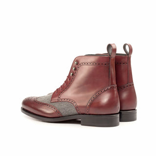 Ambrogio Bespoke Custom Burgundy & Gray Flannel / Leather Military Boots (AMB2183)