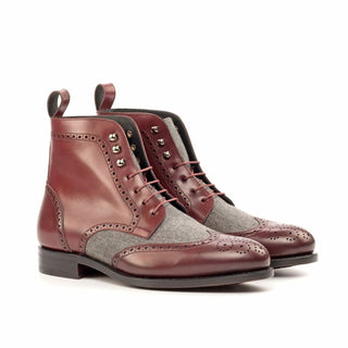 Ambrogio Bespoke Custom Burgundy & Gray Flannel / Leather Military Boots (AMB2183)