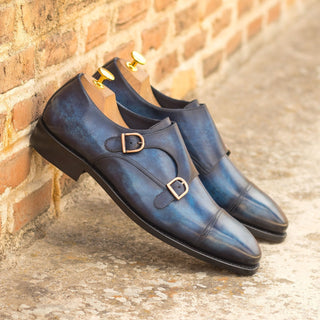 Ambrogio Bespoke Custom Denim Patina Leather Monk-Straps Loafers (AMB2196)