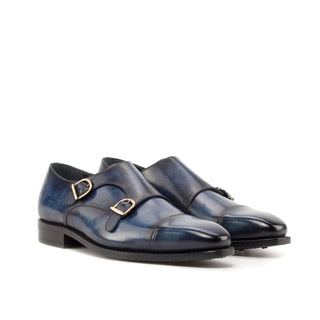 Ambrogio Bespoke Custom Denim Patina Leather Monk-Straps Loafers (AMB2196)