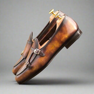 Ambrogio Bespoke Custom Fire Patina Leather Monk Slipper Loafers (AMB1969)