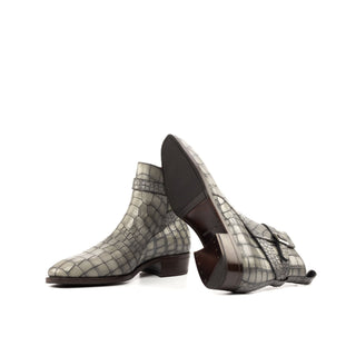 Ambrogio Bespoke Custom Gray Crocodile Embossed Leather Jodhpur Boots (AMB2181)