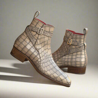 Ambrogio Bespoke Custom Gray Crocodile Embossed Leather Jodhpur Boots (AMB2181)