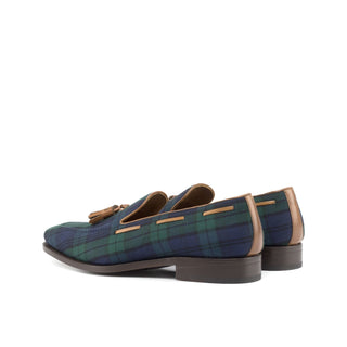 Ambrogio Bespoke Custom Green, Blue & Brown Blackwatch Fabric / Box Leather Tassel Loafers (AMB2197)