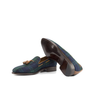 Ambrogio Bespoke Custom Green, Blue & Brown Blackwatch Fabric / Box Leather Tassel Loafers (AMB2197)