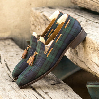 Ambrogio Bespoke Custom Green, Blue & Brown Blackwatch Fabric / Box Leather Tassel Loafers (AMB2197)