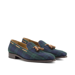 Ambrogio Bespoke Custom Green, Blue & Brown Blackwatch Fabric / Box Leather Tassel Loafers (AMB2197)