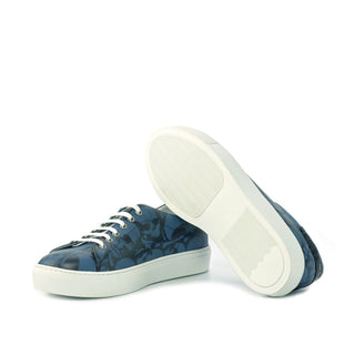 Ambrogio Bespoke Custom Men's Shoes Black & Blue Crocodile Print / Calf-Skin Leather Stencil Sneakers (AMB1942)-AmbrogioShoes